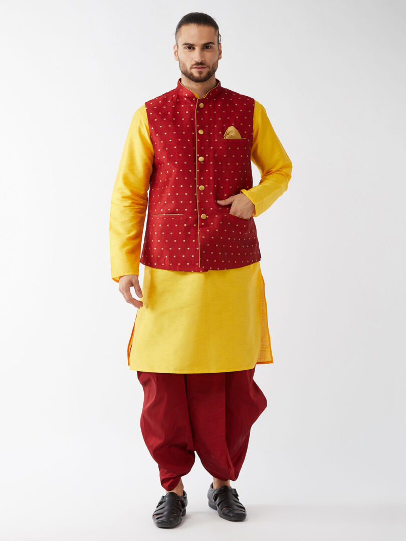 Men's Yellow And Maroon Silk Blend Jacket, Kurta and Dhoti Set