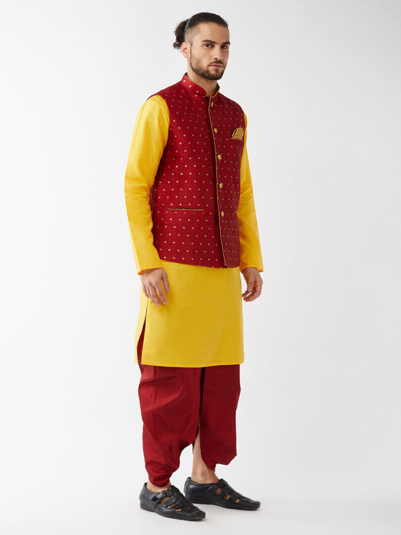 Men's Yellow And Maroon Silk Blend Jacket, Kurta and Dhoti Set