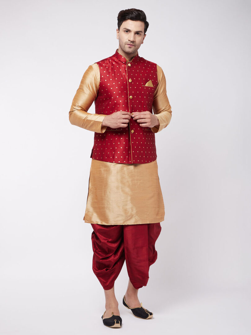 Men's Rose Gold And Maroon Silk Blend Jacket, Kurta and Dhoti Set