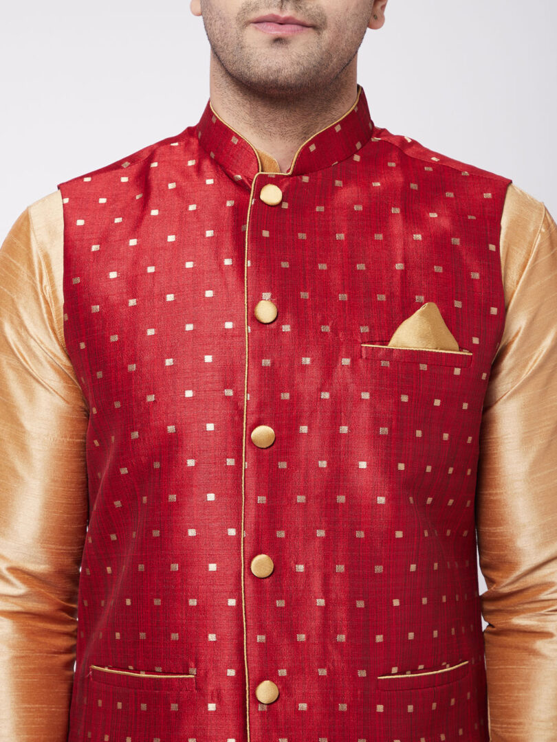 Men's Rose Gold And Maroon Silk Blend Jacket, Kurta and Dhoti Set