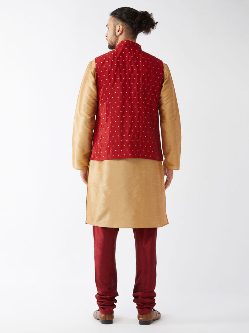 Men's Rose Gold And Maroon Silk Blend Jacket, Kurta and Pyjama Set