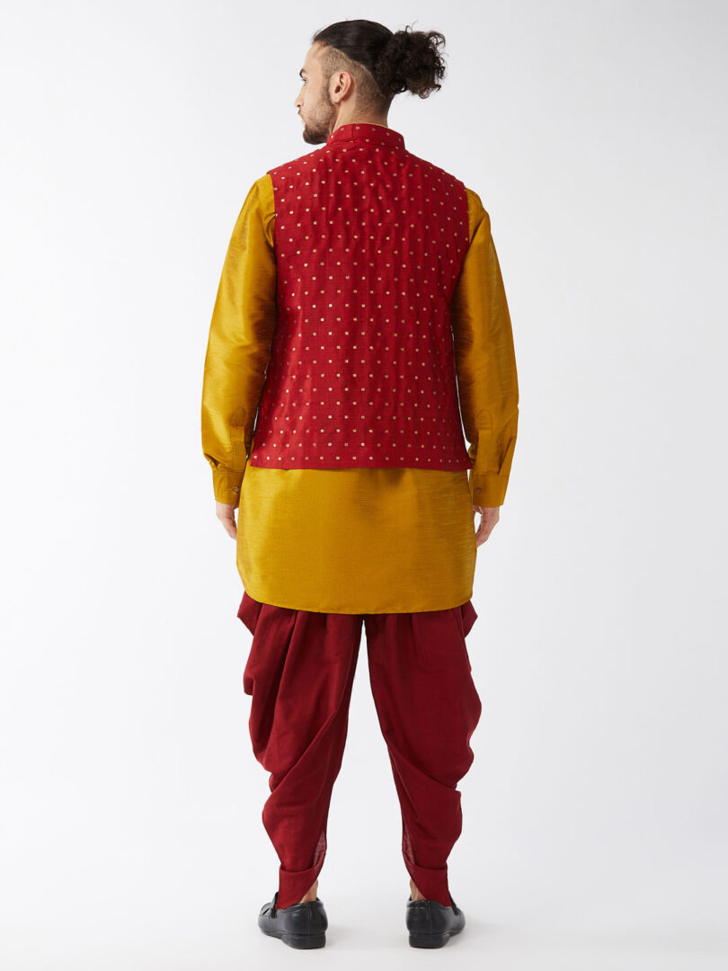 Men's Mustard And Maroon Silk Blend Jacket, Kurta and Dhoti Set