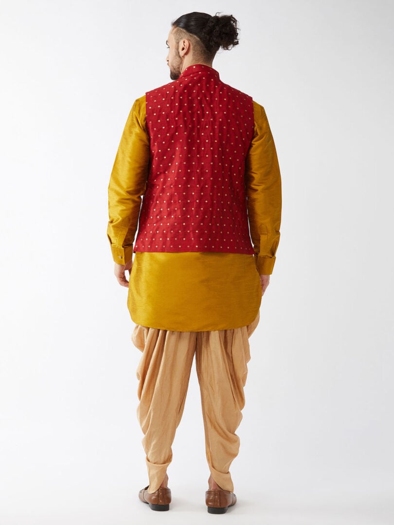 Men's Mustard, Maroon And Rose Gold Silk Blend Jacket, Kurta and Dhoti Set