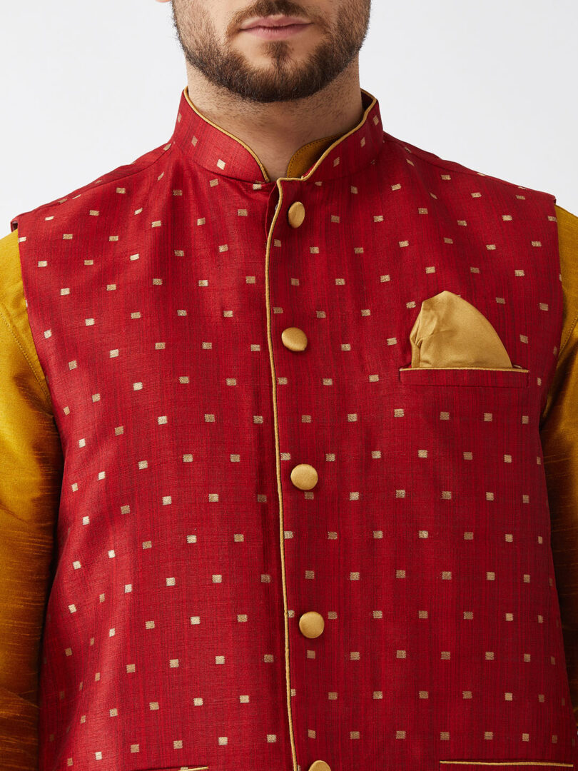 Men's Mustard, Maroon And Rose Gold Silk Blend Jacket, Kurta and Dhoti Set