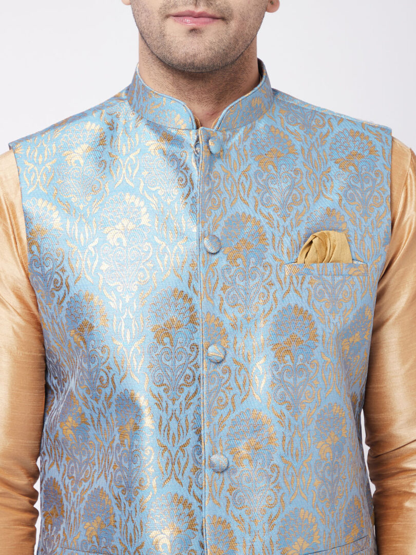 Men's Grey And Rose Gold Silk Blend Jacket, Kurta and Pyjama Set