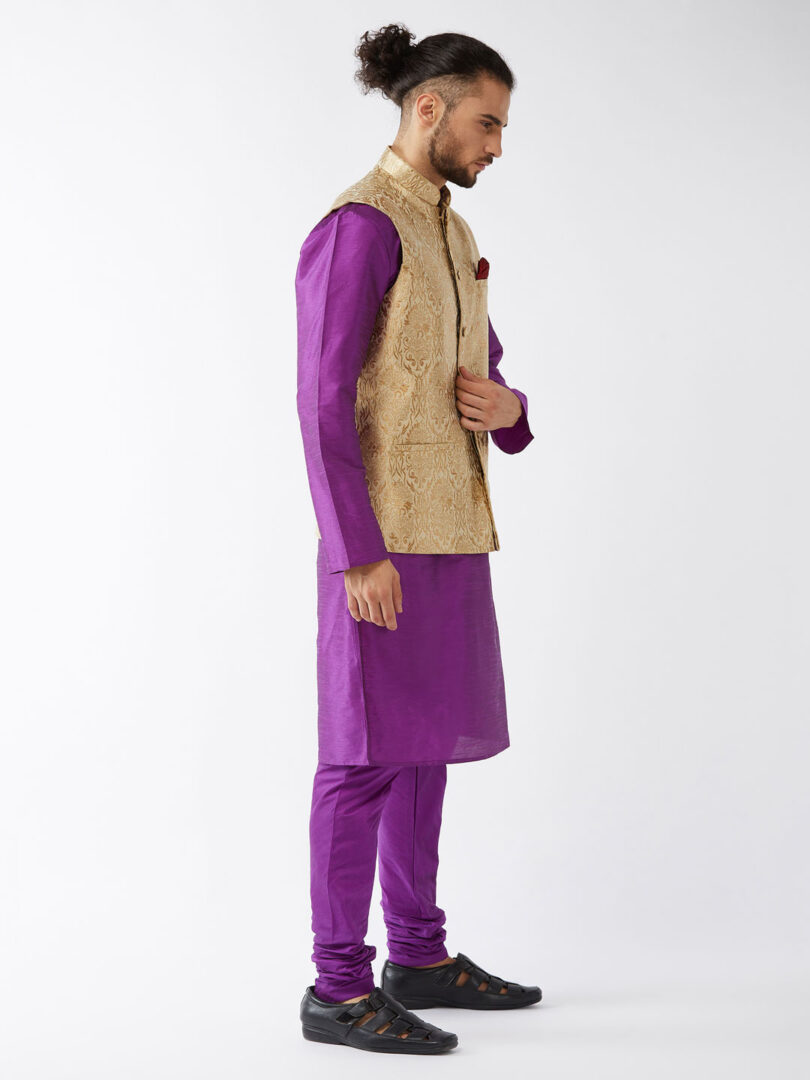 Men's Rose Gold And Purple Silk Blend Jacket, Kurta and Pyjama Set
