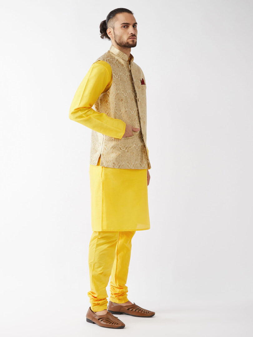 Men's Rose Gold And Yellow Silk Blend Jacket, Kurta and Pyjama Set