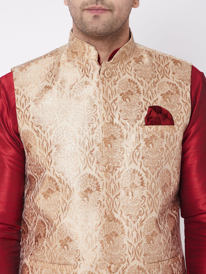 Men's Gold And Maroon Silk Blend Jacket, Kurta and Dhoti Set