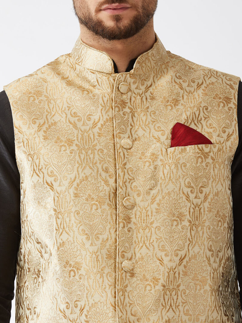 Men's Black, Rose Gold And Gold Silk Blend Jacket, Kurta and Dhoti Set