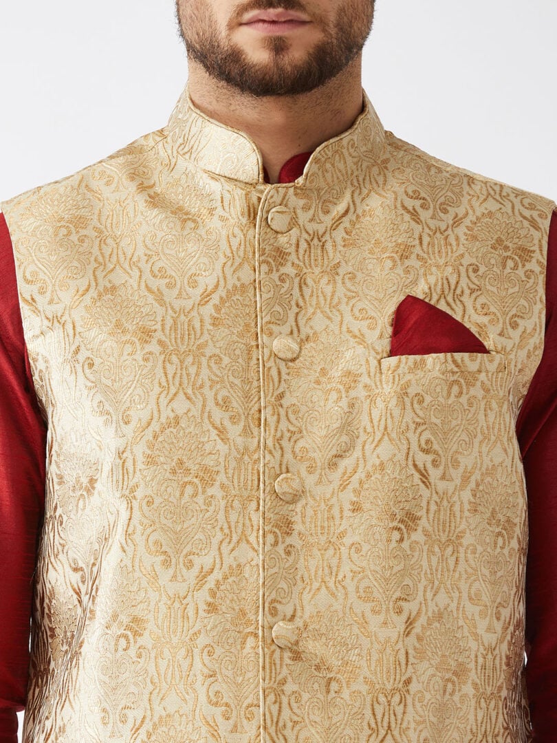 Men's Maroon, Rose Gold And Gold Silk Blend Jacket, Kurta and Dhoti Set