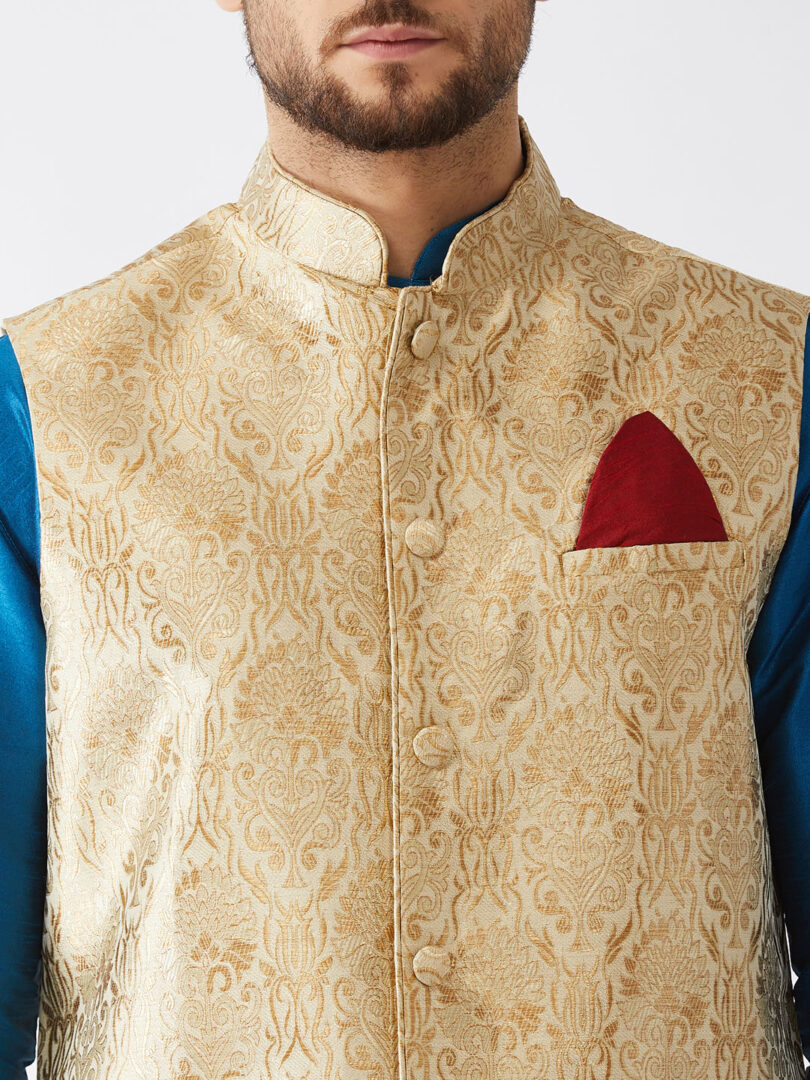 Men's Turquoise And Rose Gold Silk Blend Jacket, Kurta and Dhoti Set
