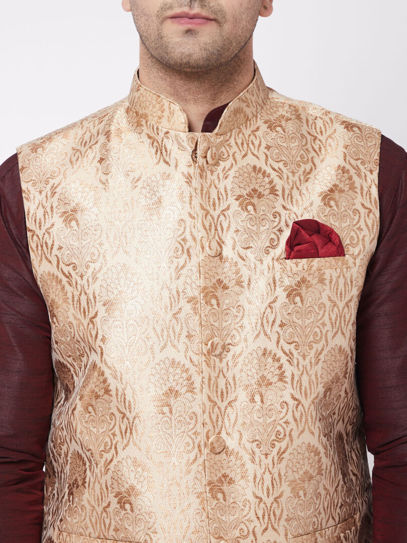 Men's Wine And Rose Gold Silk Blend Jacket, Kurta and Dhoti Set