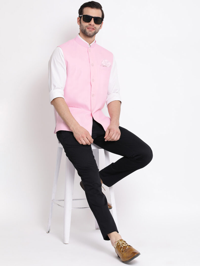 Men's Pink Cotton Blend Nehru Jacket