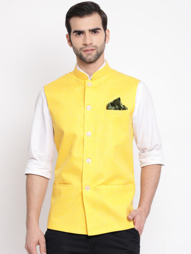 Men's Yellow Cotton Blend Nehru Jacket