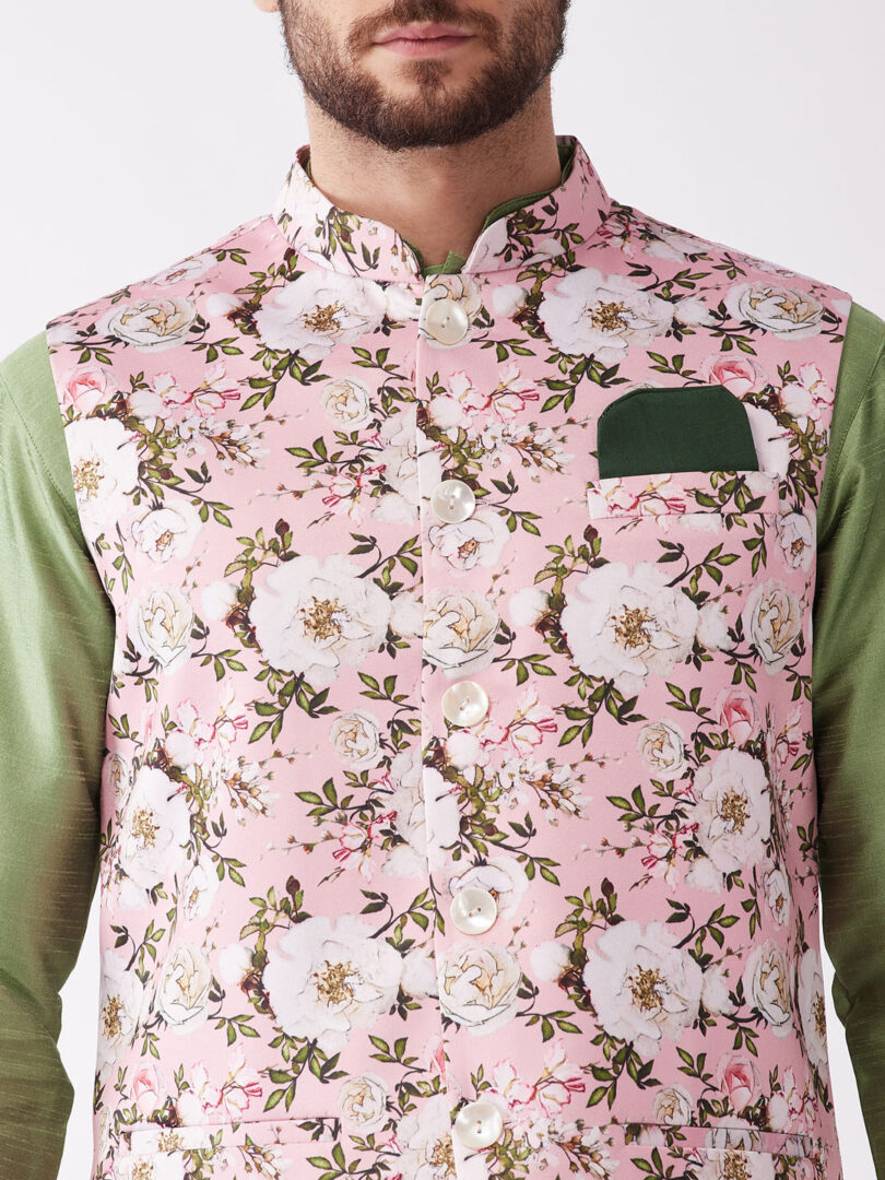 Men's Green And Pink Silk Blend Jacket, Kurta and Pyjama Set
