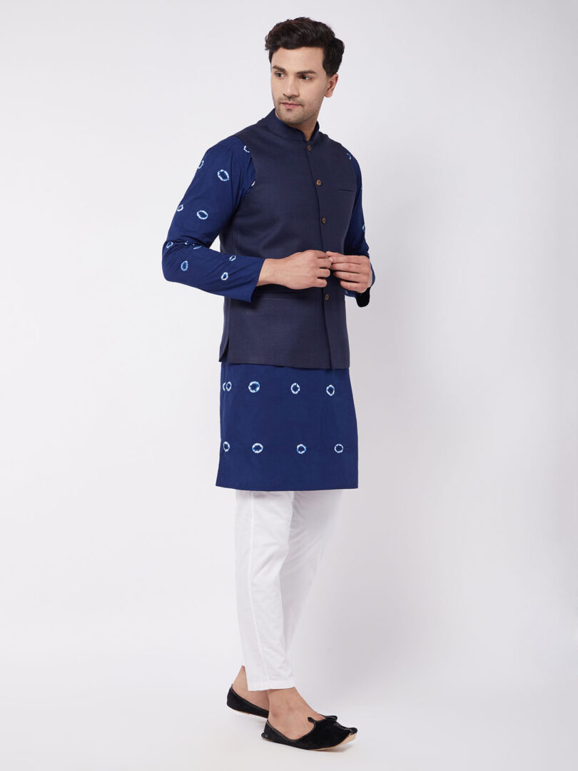 Men's Blue And White Pure Cotton Jacket, Kurta and Pyjama Set