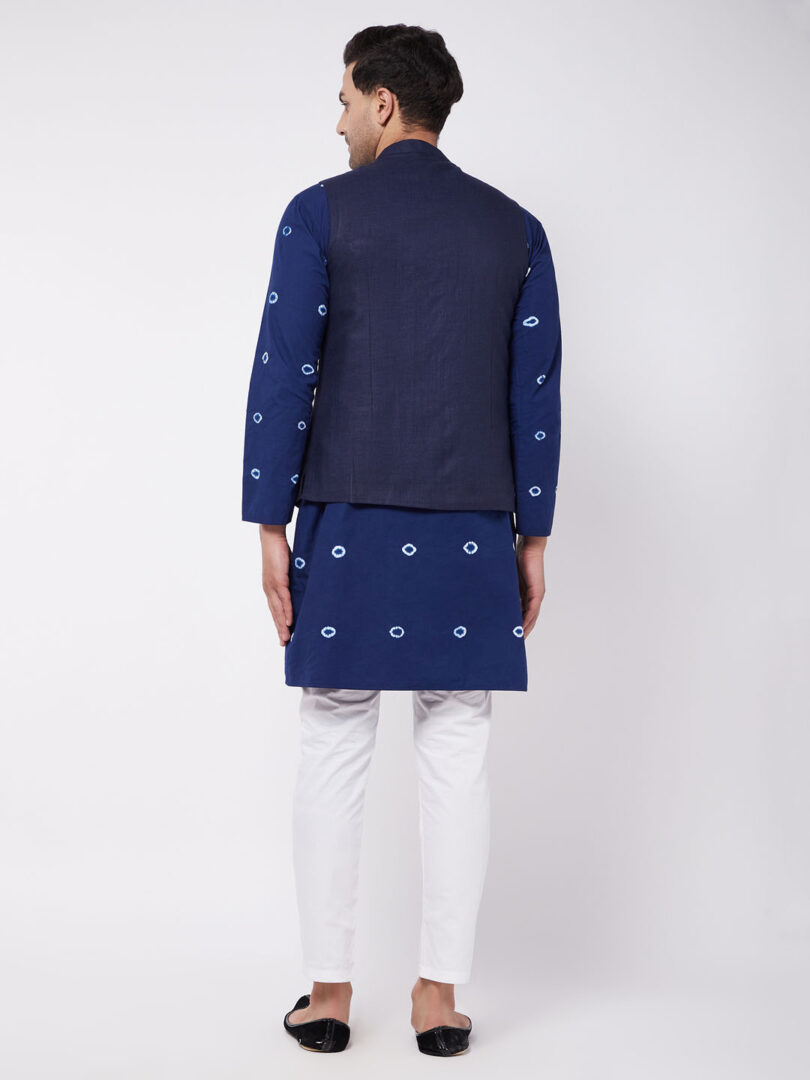 Men's Blue And White Pure Cotton Jacket, Kurta and Pyjama Set