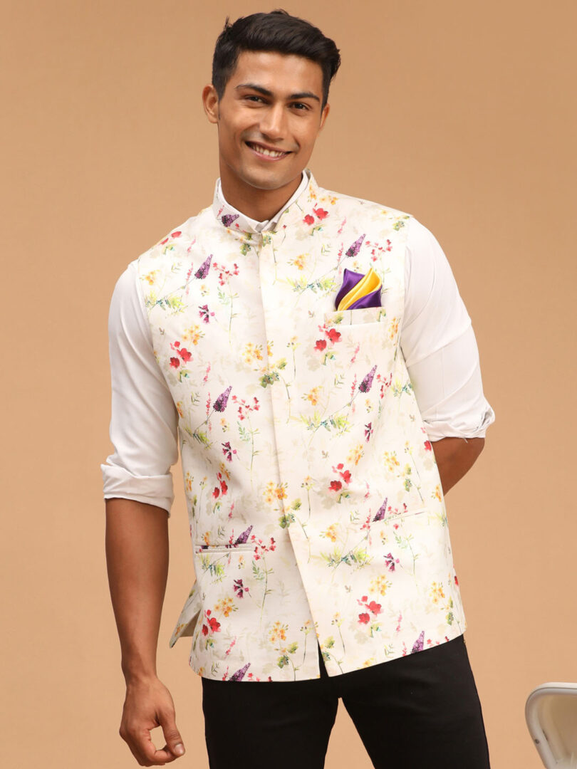 Men's Cream Floral Nehru Jacket
