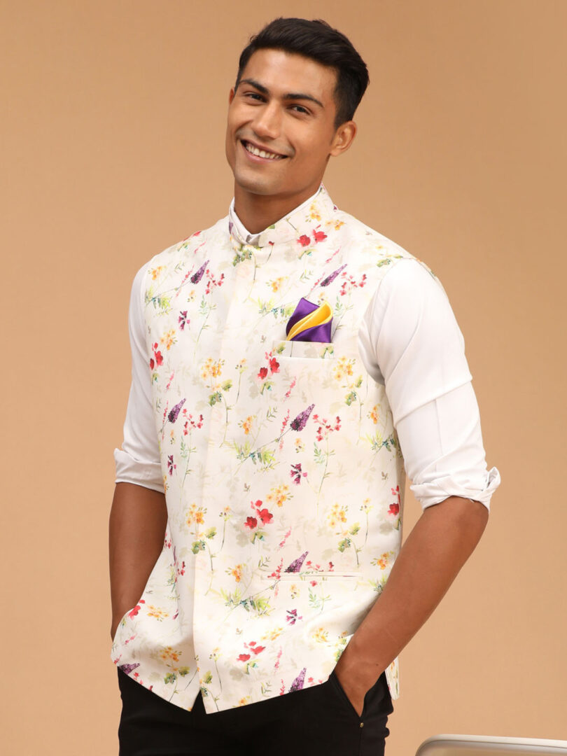 Men's Cream Floral Nehru Jacket