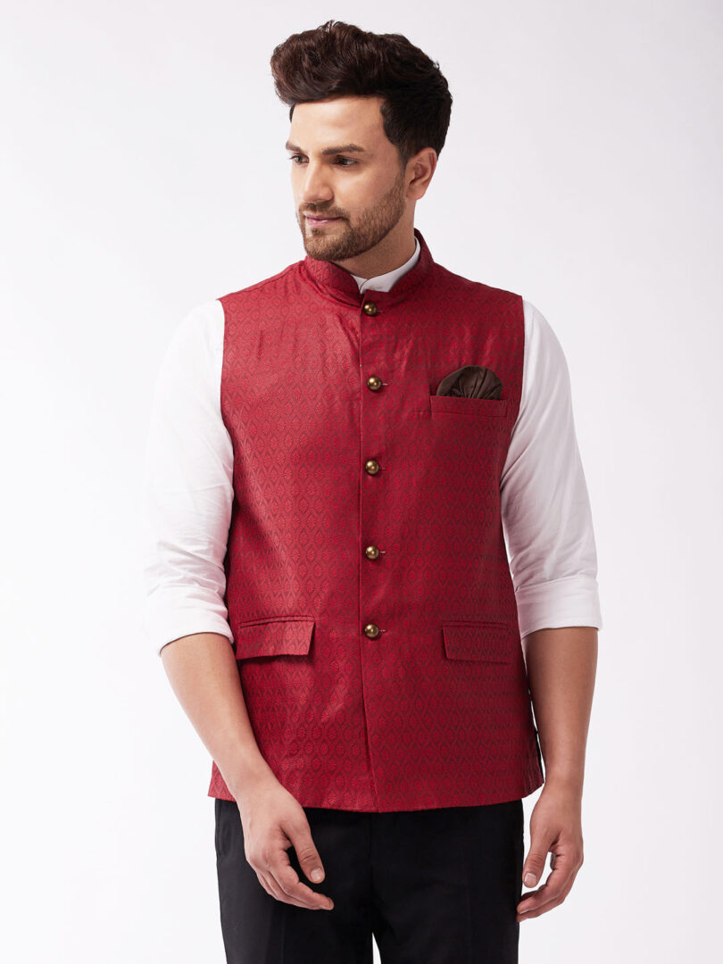 Men's Maroon Silk Blend Nehru Jackets