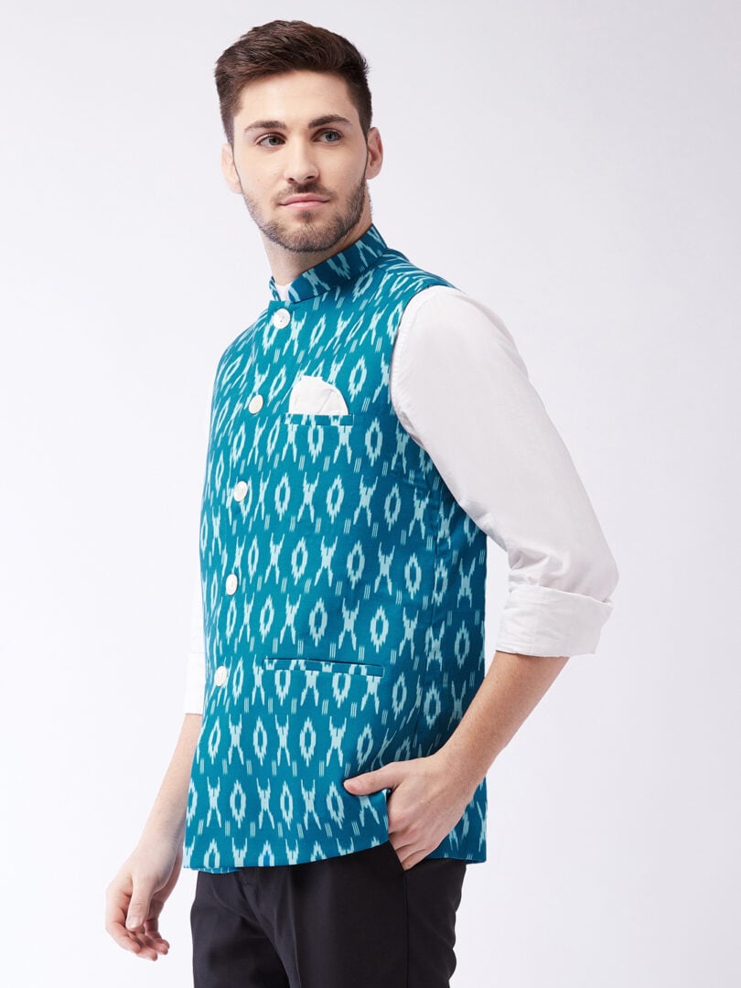 Men's Turquoise Cotton Nehru Jacket