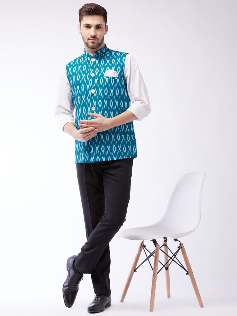 Men's Turquoise Cotton Nehru Jacket