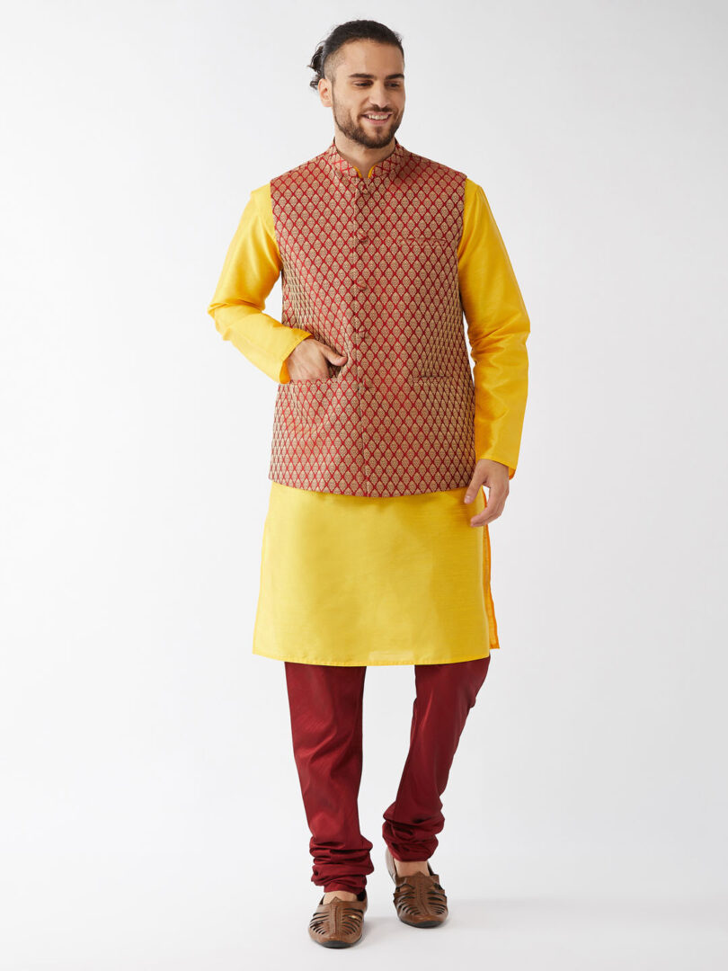 Men's Yellow And Maroon Silk Blend Jacket, Kurta and Pyjama Set