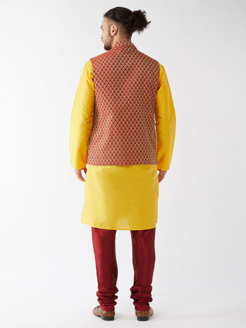 Men's Yellow And Maroon Silk Blend Jacket, Kurta and Pyjama Set