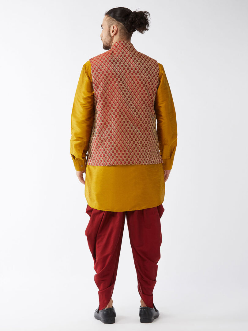 Men's Mustard And Maroon Silk Blend Jacket, Kurta and Dhoti Set