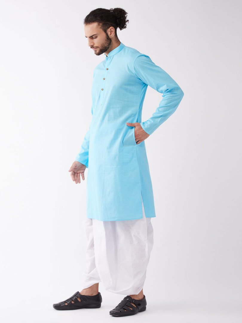 Men's Aqua Blue and White Cotton Blend Kurta And Dhoti Set