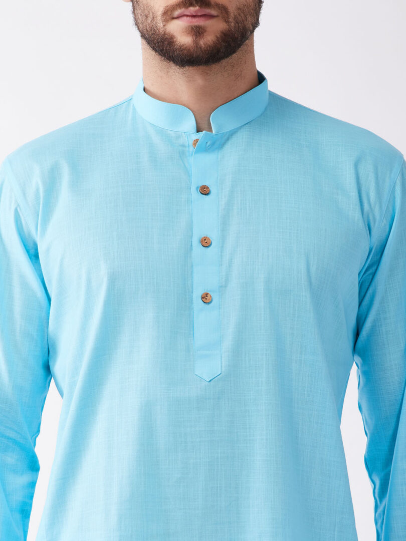 Men's Aqua Blue and White Cotton Blend Kurta And Dhoti Set