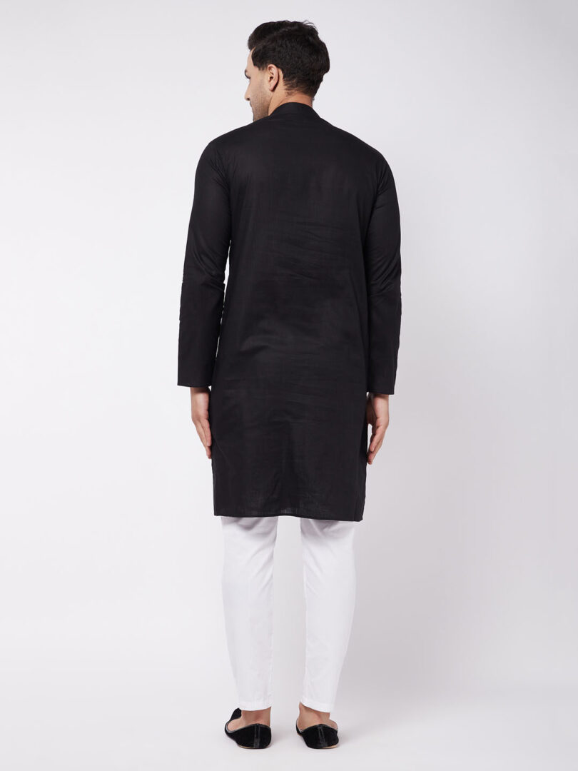 Men's Black And White Cotton Linen Kurta Pyjama Set