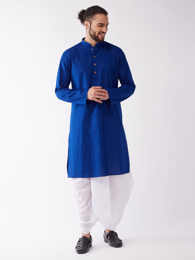 Men's Blue and White Cotton Blend Kurta And Dhoti Set