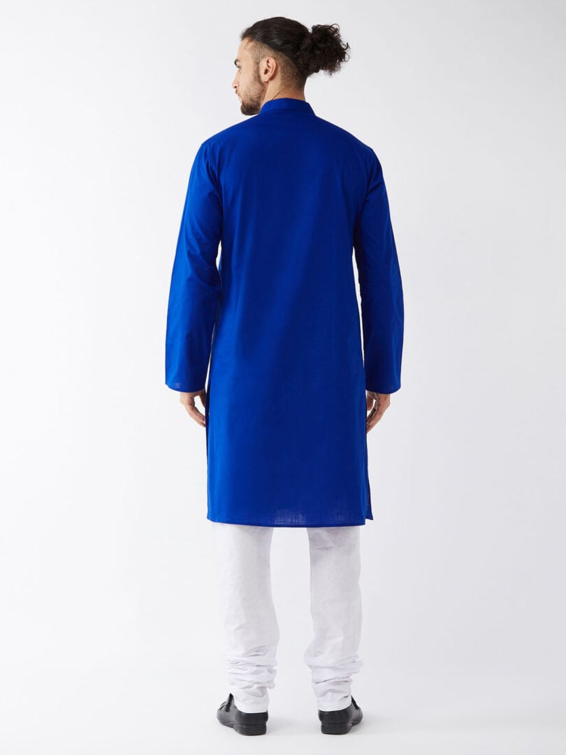 Men's Blue And White Cotton Linen Kurta Pyjama Set