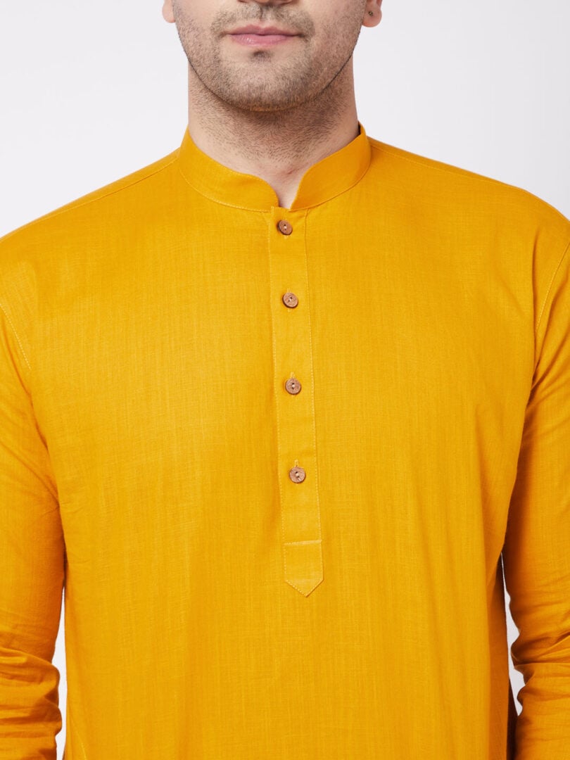 Men's Mustard and White Cotton Blend Kurta And Dhoti Set
