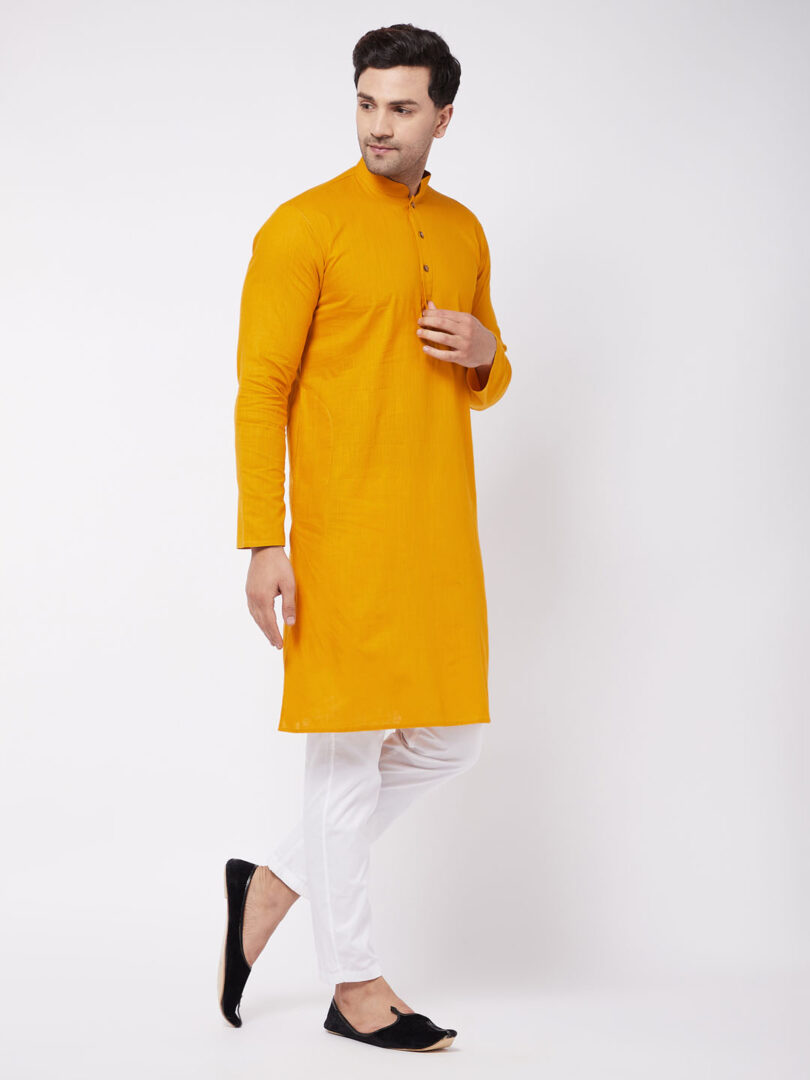 Men's Mustard And White Cotton Linen Kurta Pyjama Set