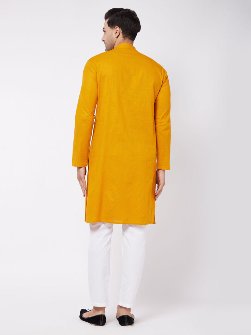 Men's Mustard And White Cotton Linen Kurta Pyjama Set
