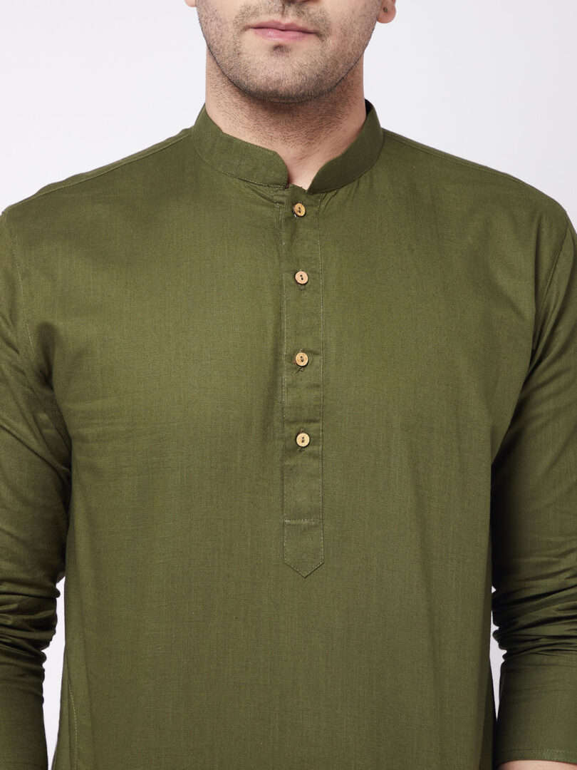 Men's Green And White Cotton Linen Kurta Pyjama Set