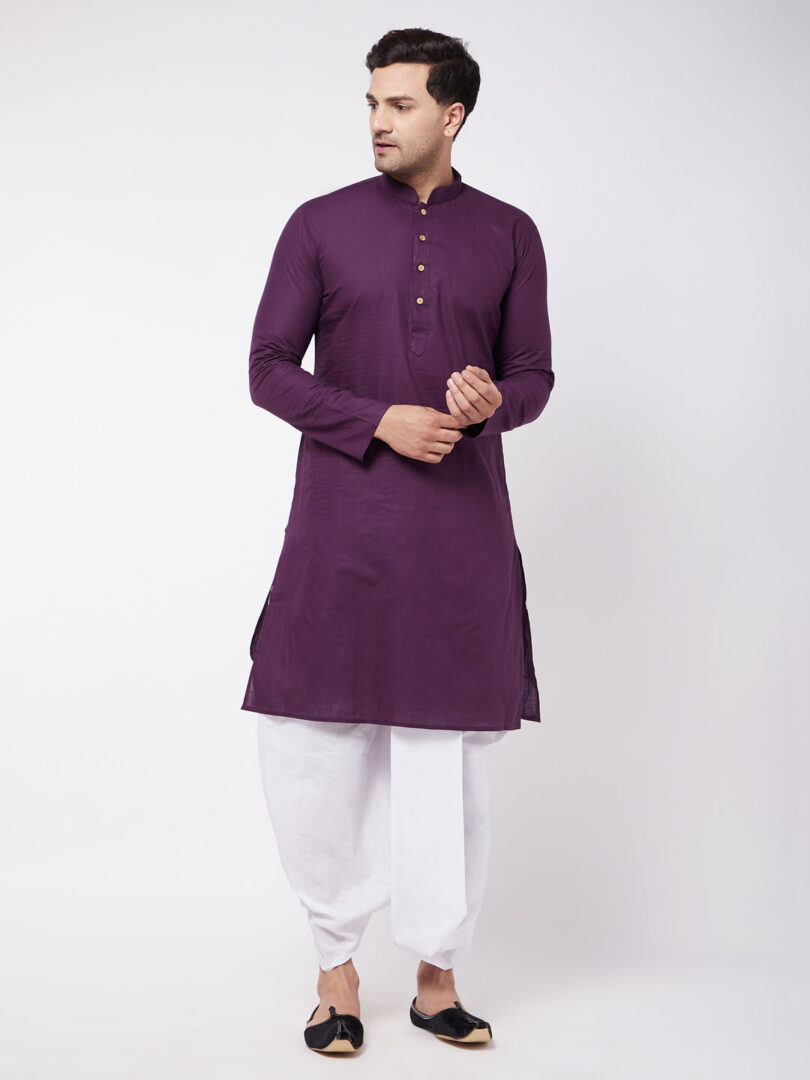 Men's Purple and White Cotton Blend Kurta And Dhoti Set