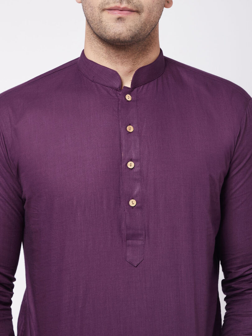 Men's Purple and White Cotton Blend Kurta And Dhoti Set