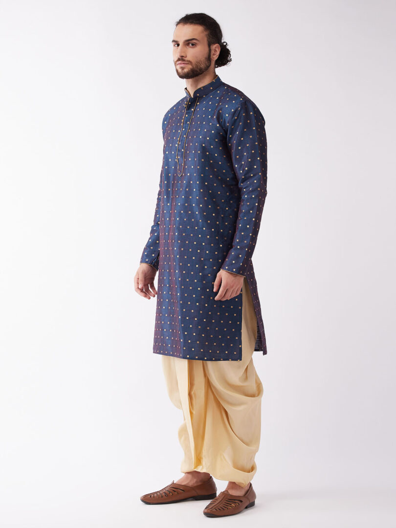 Men's Blue And Gold Silk Blend Kurta And Dhoti Set