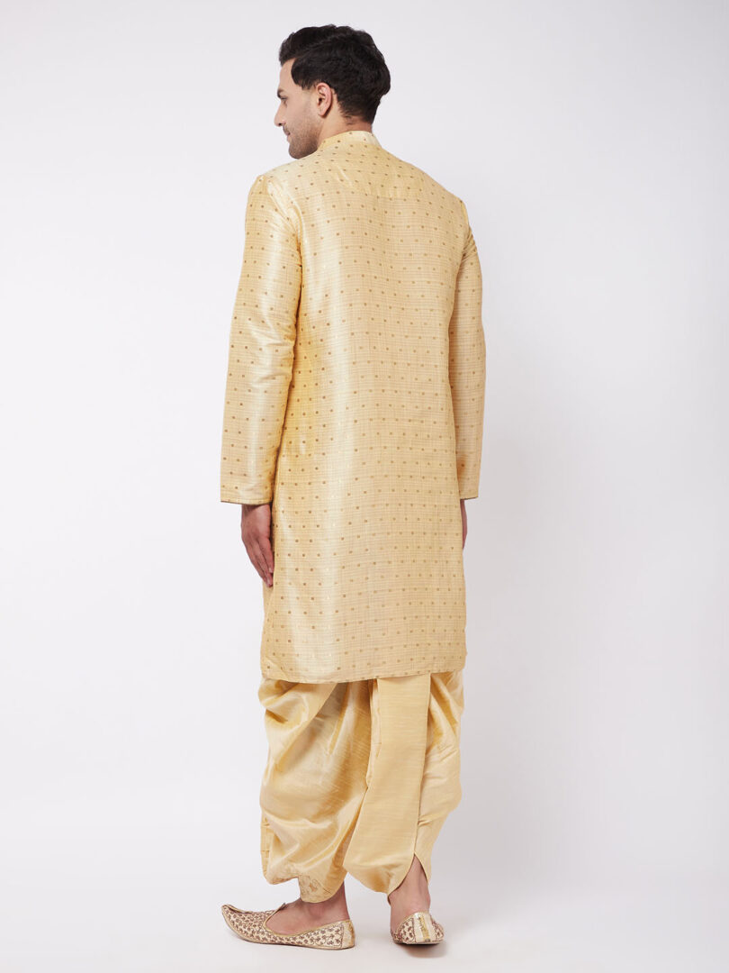 Men's Beige And Gold Silk Blend Kurta And Dhoti Set