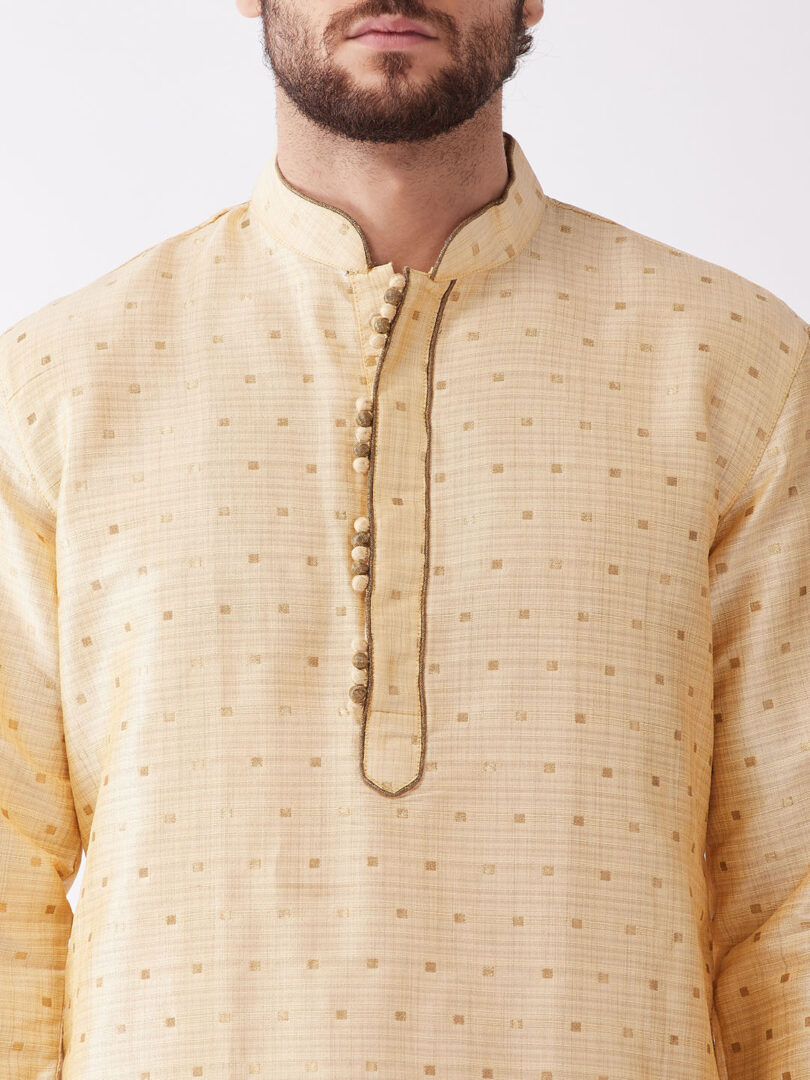 Men's Beige And Gold Silk Blend Kurta And Dhoti Set