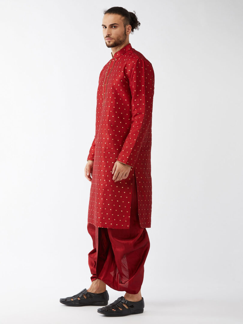 Men's Maroon Silk Blend Kurta And Dhoti Set