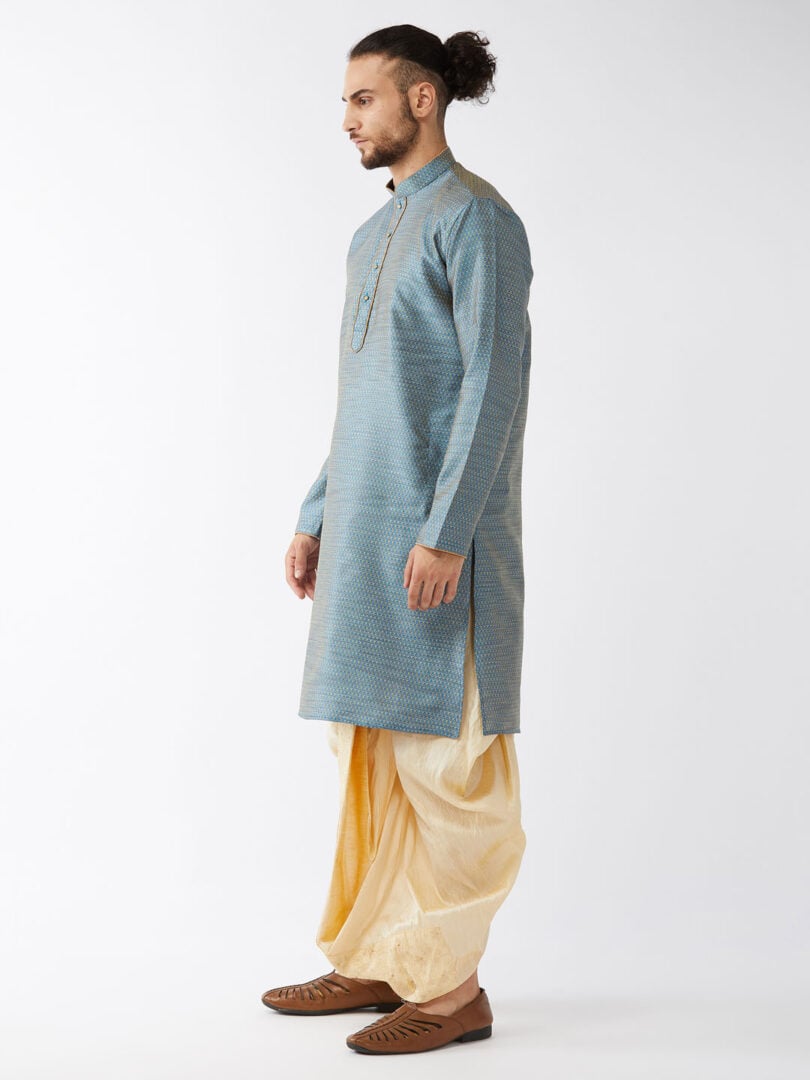 Men's Aqua Blue And Gold Silk Blend Kurta And Dhoti Set