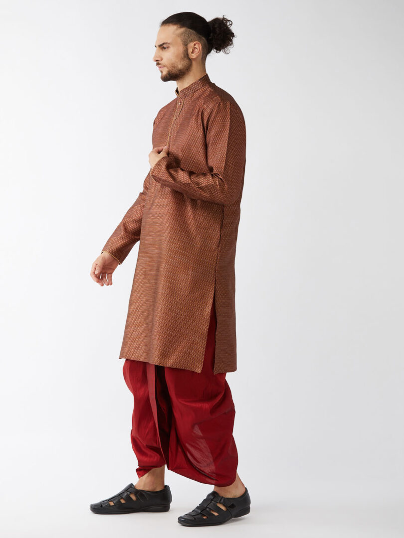 Men's Maroon Silk Blend Kurta And Dhoti Set