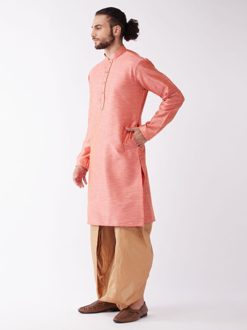 Men's Pink And Rose Gold Silk Blend Kurta And Dhoti Set