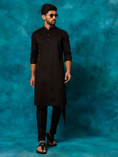 Men's Black Cotton Satin Blend Kurta Pyjama Set