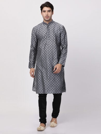 Men's Grey Cotton Blend Kurta Pyjama Set