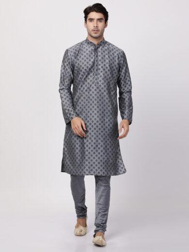 Men's Grey Cotton Blend Kurta Pyjama Set